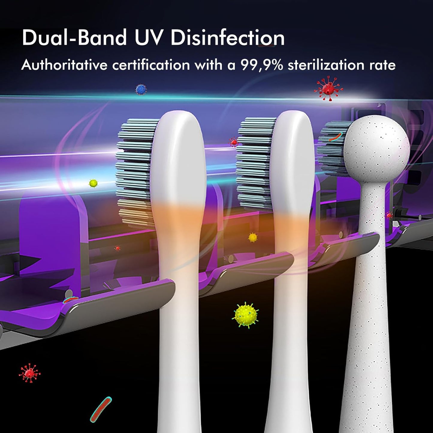 UV Toothbrush Sanitizer Holder for Bathrooms, 5+1+1 Slots Toothbrush Sanitizer and Holder, Rechargeable Cordless Wall Mounted Tooth Brush Holder with Heating Functions, No Drilling (Black)