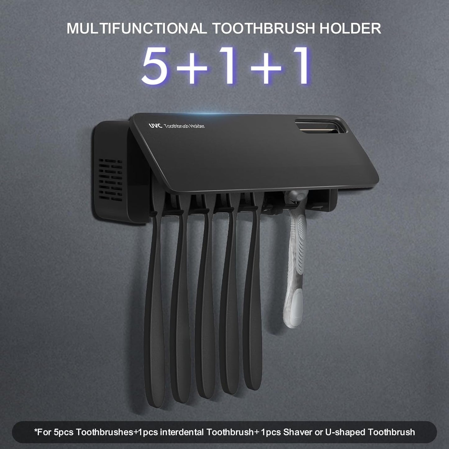 UV Toothbrush Sanitizer Holder for Bathrooms, 5+1+1 Slots Toothbrush Sanitizer and Holder, Rechargeable Cordless Wall Mounted Tooth Brush Holder with Heating Functions, No Drilling (Black)