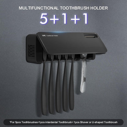 UV Toothbrush Sanitizer Holder for Bathrooms, 5+1+1 Slots Toothbrush Sanitizer and Holder, Rechargeable Cordless Wall Mounted Tooth Brush Holder with Heating Functions, No Drilling (Black)