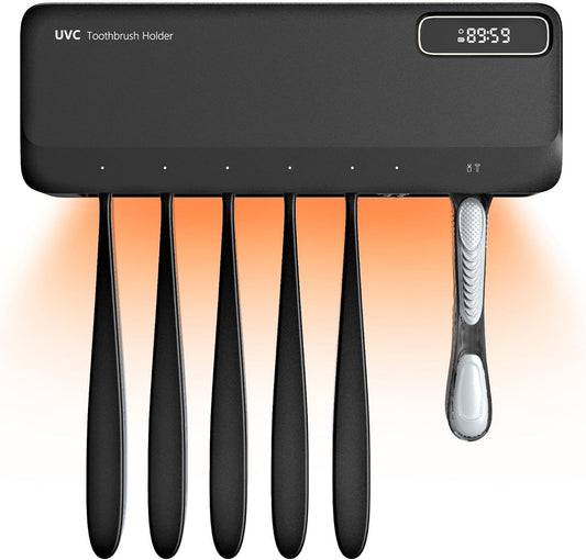 UV Toothbrush Sanitizer Holder for Bathrooms, 5+1+1 Slots Toothbrush Sanitizer and Holder, Rechargeable Cordless Wall Mounted Tooth Brush Holder with Heating Functions, No Drilling (Black)