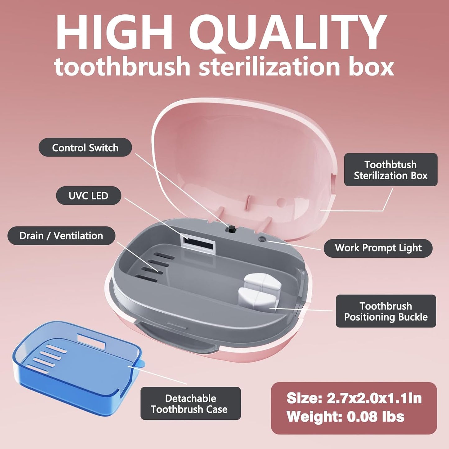 Toothbrush Covers Case San Itizer and Holder with Light,Toothbrush Covers with Holder, Rechargeable Portable Toothbrush Cleaner Case（Pink）